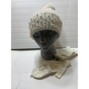 PEARL EMBELLISHED BEANIE  MATCHING GLOVES COLOR Ivory
